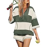 Yanekop Womens 2 Piece Outfits Summer Striped Lounge Set Two Piece Matching Workout Sets Oversized Short Sets Tracksuits
