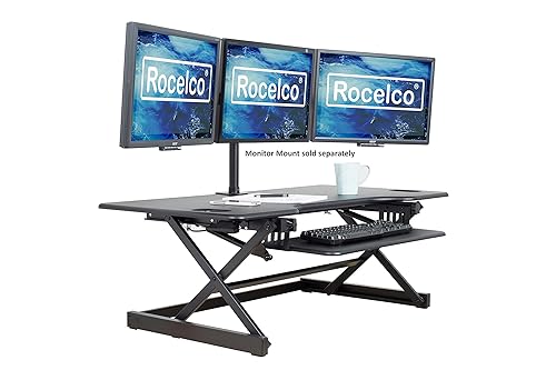 Rocelco 46" Large Height Adjustable Desk Converter, Sit Stand Up Triple Monitor Computer Workstation Riser, Retractable Keyboard Tray, (R DADRB-46), Black