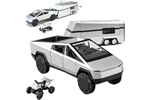 Miortior Truck Toy, Car Toy with RV, Motorcycle Cybertquad and Truck, 1/32 Alloy Diecast Pickup Trailer Model Kit with Light and Sound, for Kids Aged 6 and Up - Silver