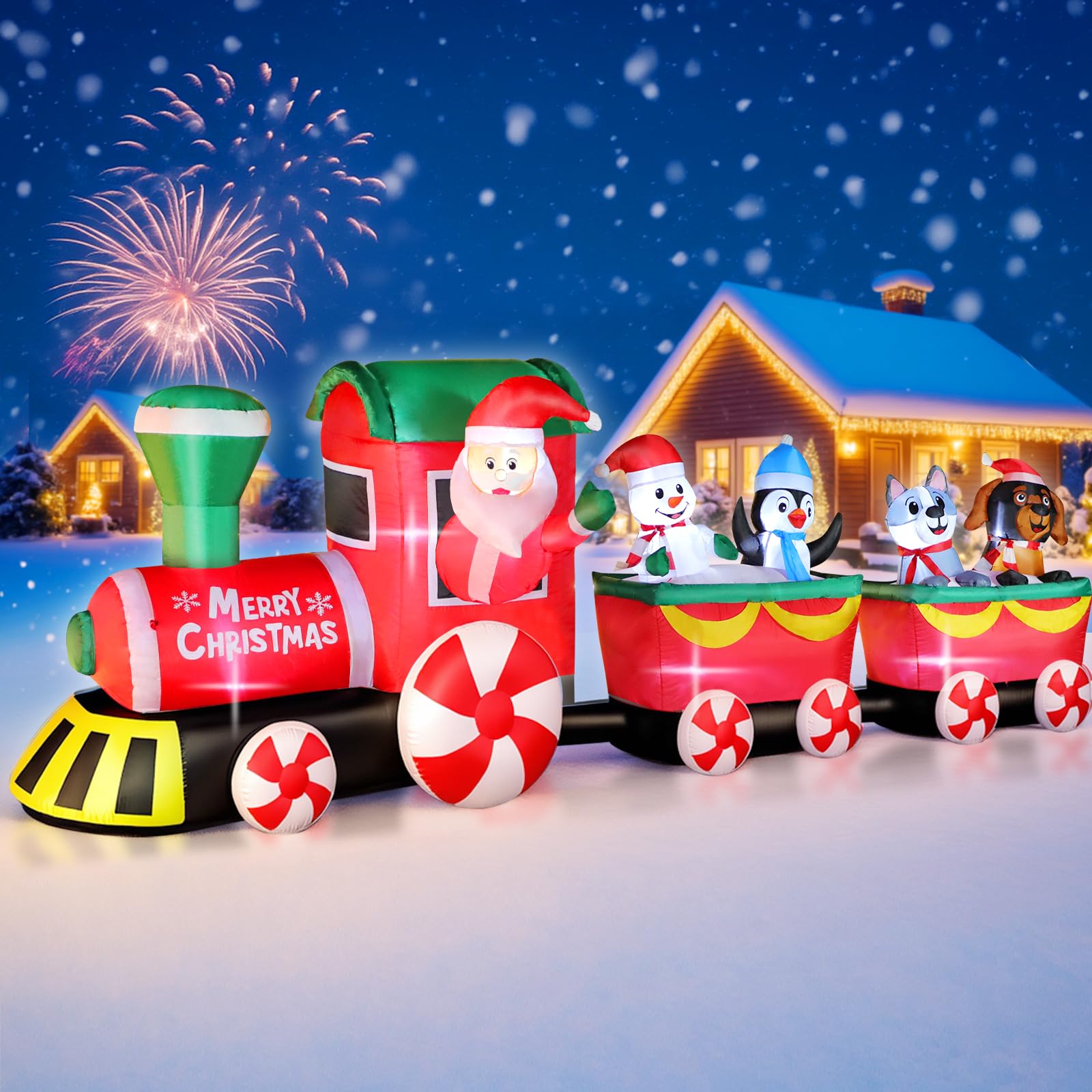 Photo 1 of 12 FT Christmas Inflatable Train with Santa Claus, Snowman, Penguin, Dog, Blow Up Santa Train Yard Decorations Built-in Lights, Lovely Xmas Train Carriage for Holiday Garden Lawn Patio Party Decor