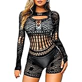 EHSUYAB Women Fishnet Bodysuit Club Rave Outfits, Sheer Cutout Long Sleeve Sexy Romper, Going Out Party Dancer Lace Jumpsuit