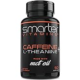 SmarterVitamins 200mg Caffeine Pills - MCT Oil from 100% Coconuts + 100mg L-Theanine, Energy and Focus, Extended Release Capsule, 50 Liquid Softgels