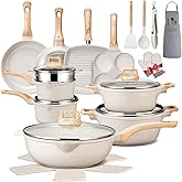 AOSION 27PCS Pots and Pans Set, Nonstick Ceramic Cookware Set, Healthy Kitchen Cooking Set with Gloves, Apron, Silicone Tools & Pot Protectors, Oven & Dishwasher Safe, PFOA/PFOS Free,Ivory