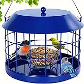 Gbekery Caged Bluebird Feeder for Mealworms with Glass Bowl, Squirrel Proof Bird Feeder for Small Birds Only, Detachable Hook, Large Space, Outdoors Weatherproof, Metal, Blue