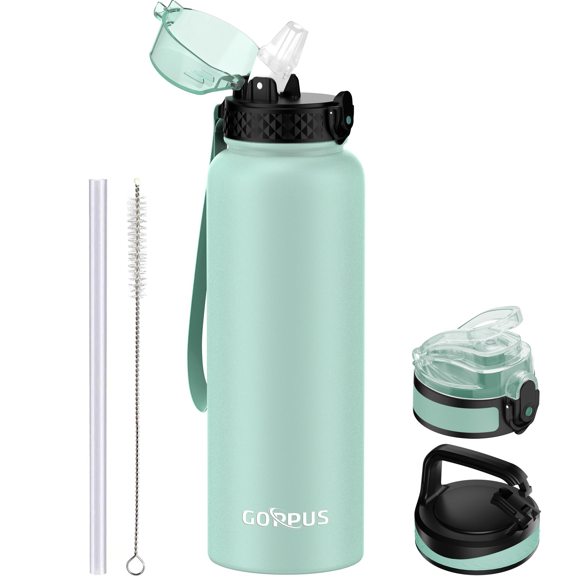 GOPPUS 1.2L/40oz Stainless Water Bottle with Straw Double Wall Insulated Bottles with Strap Large Vacuum Thermal Flask Leakproof Keep Cold Drinks Bottles with Flip Top Lid for Men Women BPA Free — image 1