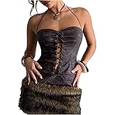 MakeMeChic Women's Faux Leather Halter Tops Tie Backless Lace Up Y2k Going Out Tank