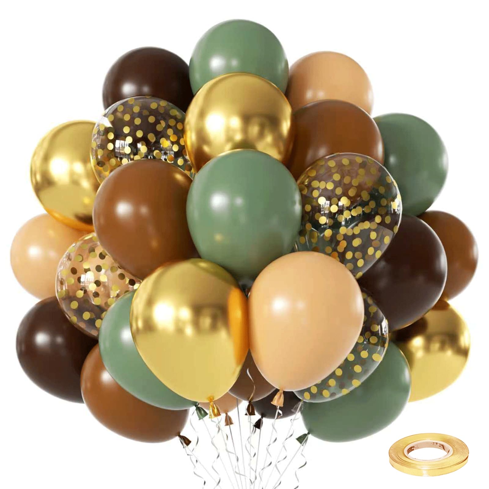 Sage Green Brown Balloons Set,50pcs 12inch Retro Green Dark Brown Nude Conffee Balloon and Tan Metallic Gold with Confetti Balloons for Jungle Safari Hunting Woodland Forest Birthday Party Decorations