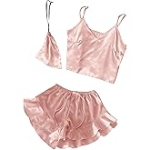 WDIRARA Women's 3 Pieces Satin Sleepwear Cami Top and Ruffle Shorts Pajama Set