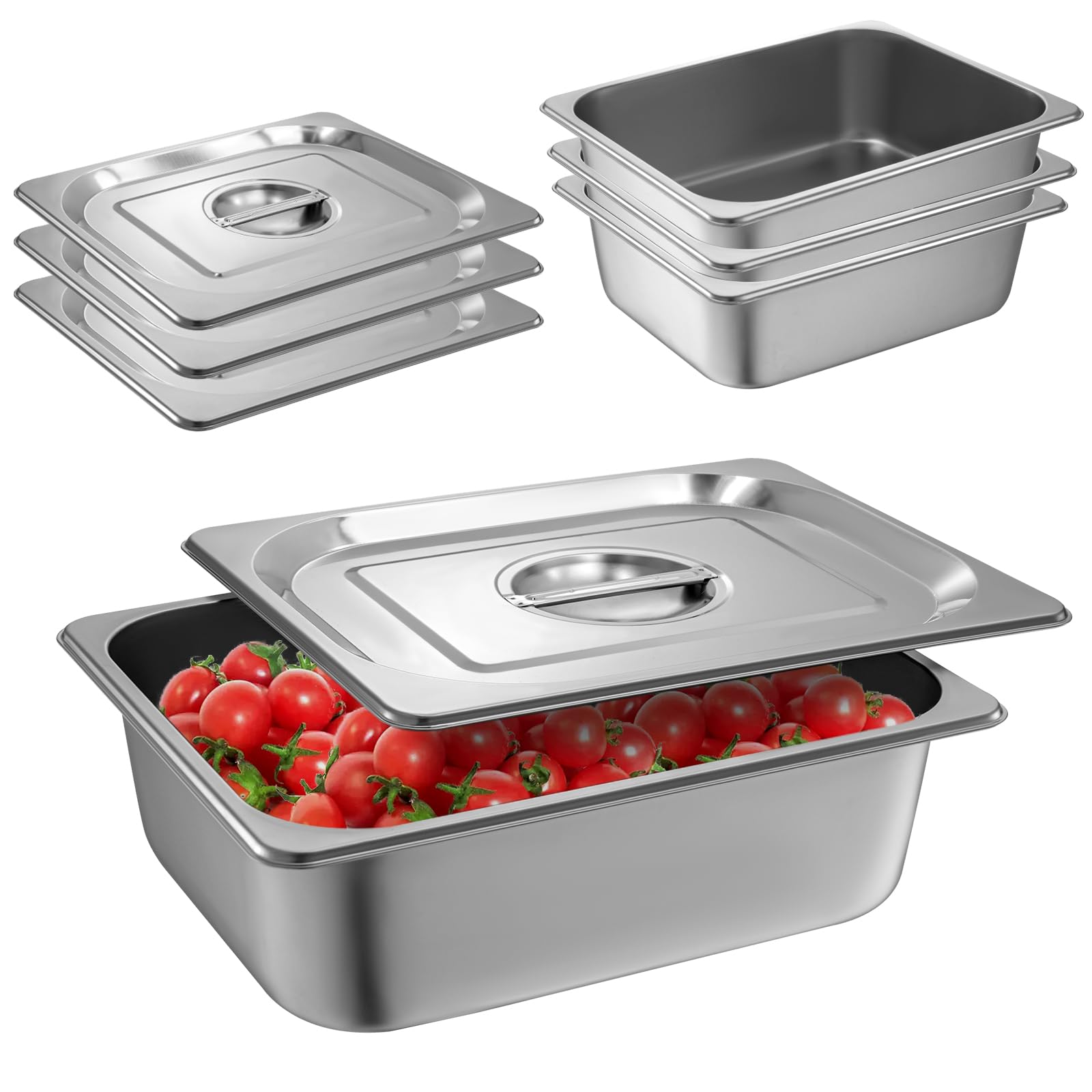 Photo 1 of 1/2 Size Hotel Pan with Lids 4 Pack, 4'' Deep Steam Table Pan, 12.8''L x 10.4''W Stainless Steel Pans for Home, Party, Hotel, Buffet