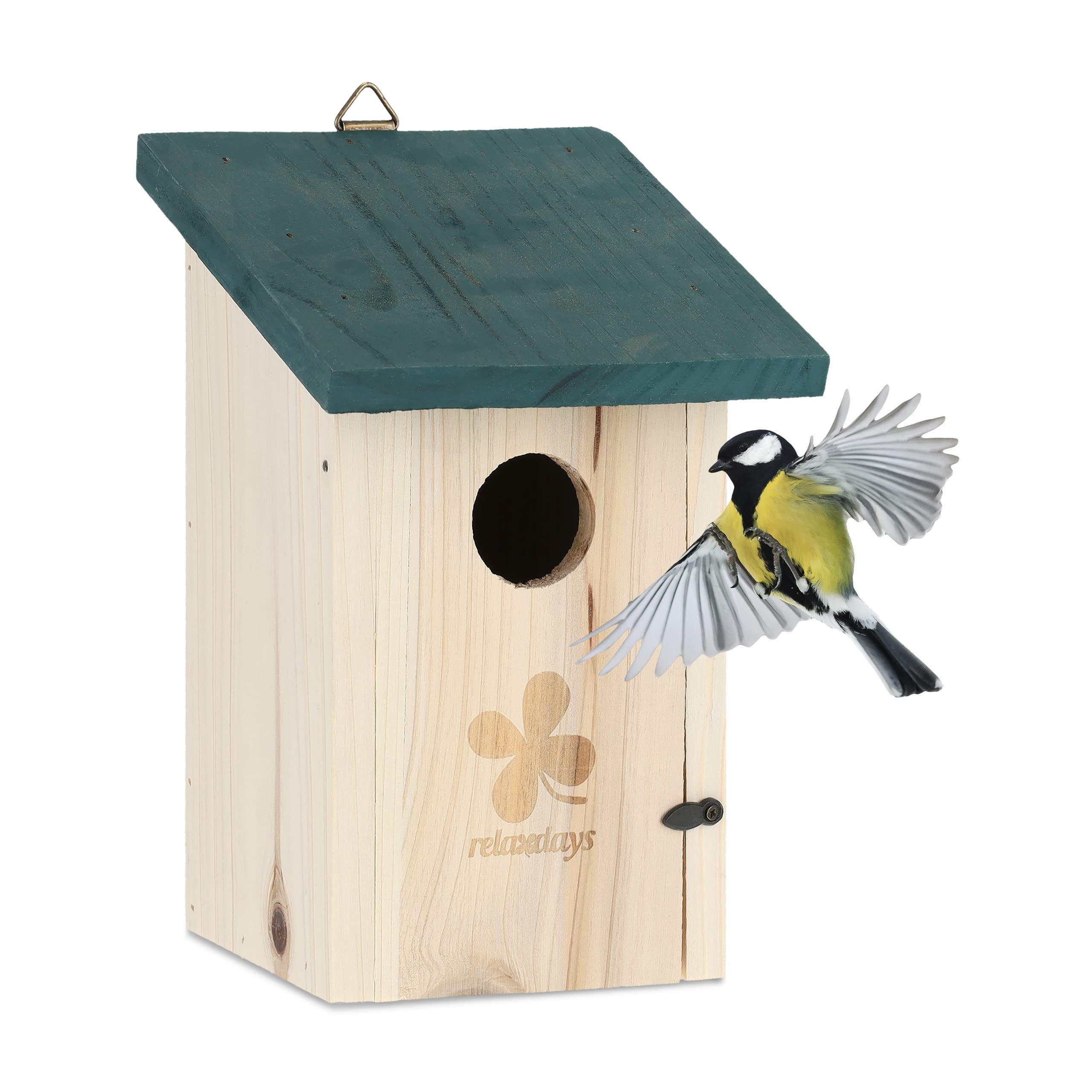 Relaxdays Nesting Box for Birds, 35 mm Entrance Hole, Hinged, Tits & Sparrows, Bird House to Hang Up, Natural Wood Green