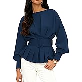 EsheSy Women's Peplum Sweatshirt Long Sleeve Boat Neck Pleated Top Dressy Casual Pullover Tunics Bussiness Shirts with Belt