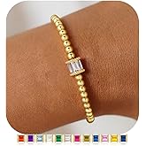 M MOOHAM Valentines Gifts for Her Girls - Birthstone Gold Beaded Bracelets for Women, Dainty Elastic 14K Real Gold Plated Bracelets Trendy Non Tarnish Friendship Birthday Jewelry Gifts for Women