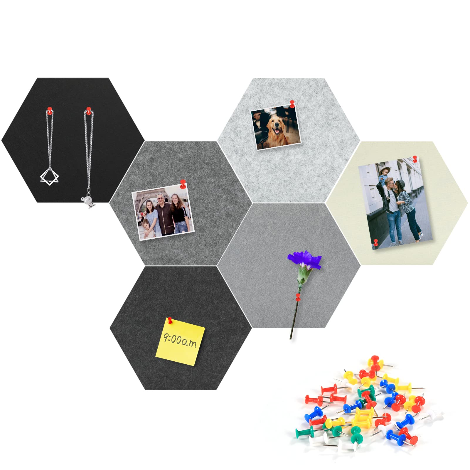 Tikea Hexagon Bulletin Board - 6PCS Large Notice Board Felt Board, 30 * 26 * 1.2CM, Memo Notice Tiles Big Push Pin Board Decor with 15 Pins for Wall Office School Home, Gradient Grey