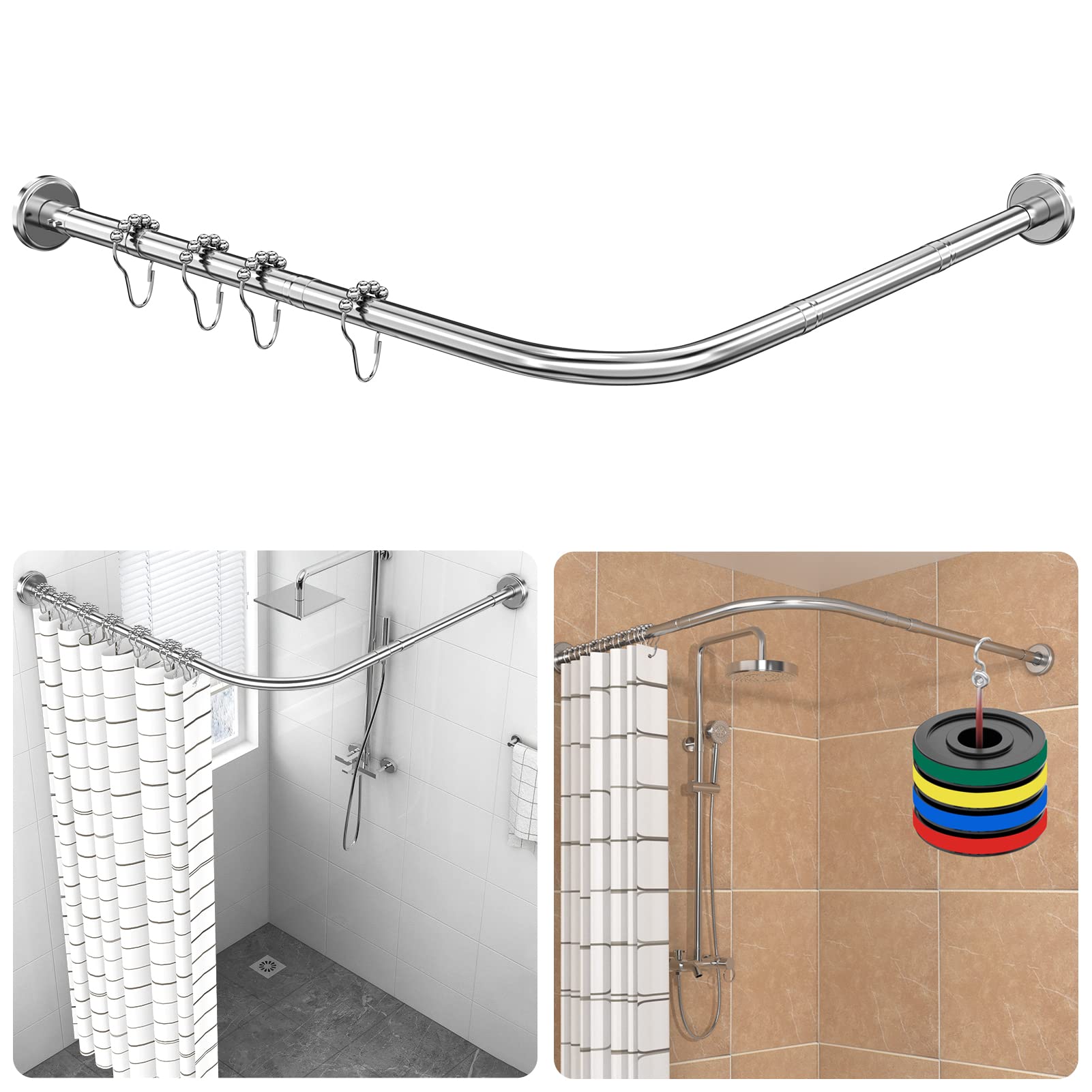Shower Curtain Rod Adjustable L Shaped, incl 24 Rings, Shower Curtain Angle Rods, No Drilling & Without Ceiling Bracket, Extendable Shower Rod Corner Rustproof Bathtub and Shower (70-100 × 70-100cm)