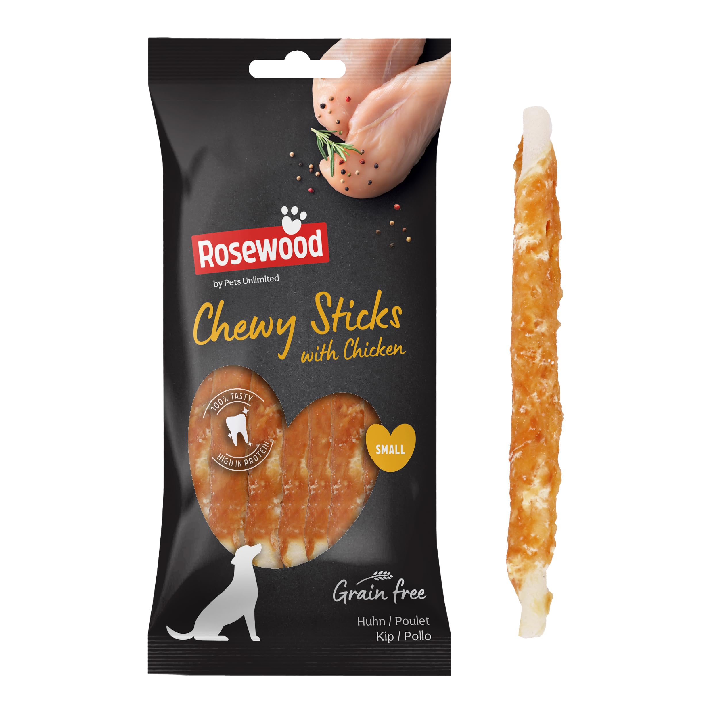 Rosewood Small Chewy Sticks for Dogs - Made with Chicken, Grain Free Chews, High Protein Dog Treats, By Pets Unlimited (10pc, 100g)