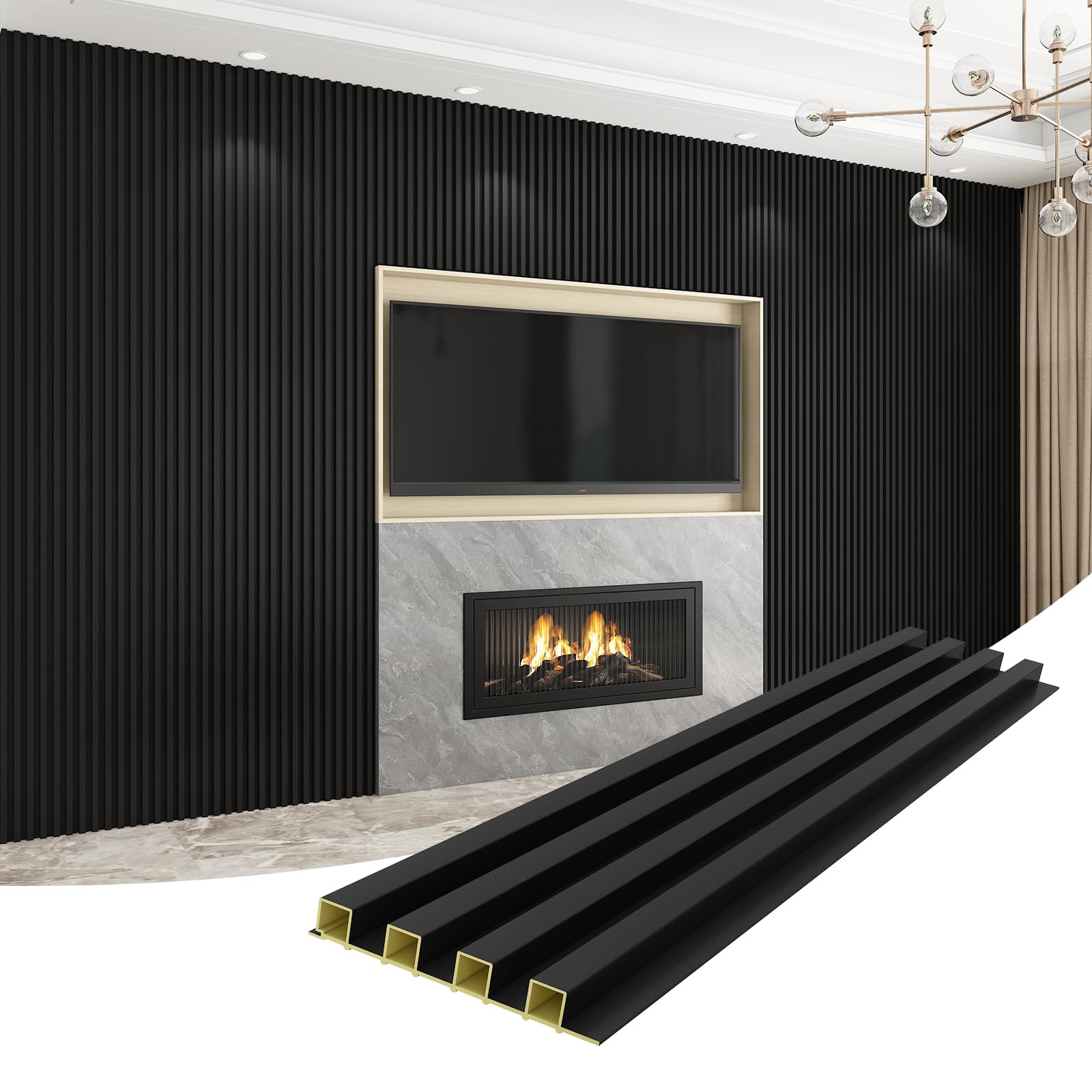 Photo 1 of VESLARA 8-Pack WPC Wall Panels 108’’ x 6.1’’ 3D Slat Wall Panel Acoustic Wall Paneling for Interior Wall Decor TV Background Kitchen Bedroom Black