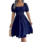 WDIRARA Women's Square Neck Puff Short Sleeve Ruffle Dress Smocked A Line Flowy Midi Dresses