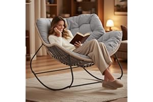 Virplik Papasan Rocking Chair, Oversized Indoor/Outdoor Wicker Egg Lounge Chair with Soft Cushion, Supports 330 Lbs, for Bedroom,Living Room,Patio,Porch,Garden – Gray