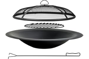 OutVue 35 inch Steel Fire Pit Bowl for DIY or Replacement Existing Fire Pits, Wood Burning Fire Pit Bowl with Spark Screen &Fire Poker, Fireplace for Backyard, Porch, Deck, Camping, BBQ(Smooth)