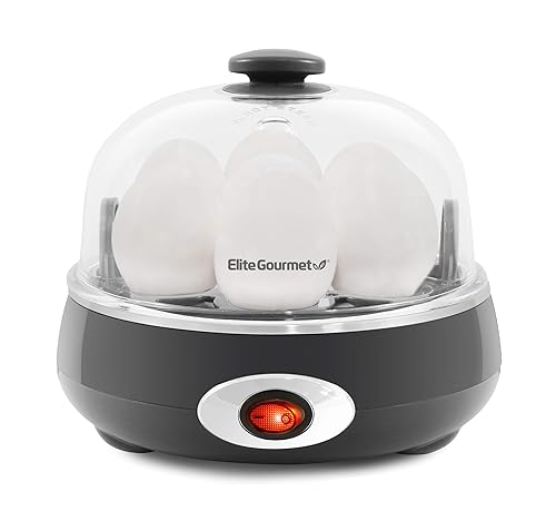 Elite Gourmet EGC007CHC# Rapid Egg Cooker, 7 Easy-To-Peel, Hard, Medium, Soft Boiled Eggs, Poacher, Omelet Maker, Auto Shut-Off, Alarm, 16-Recipe Booklet, Charcoal Grey