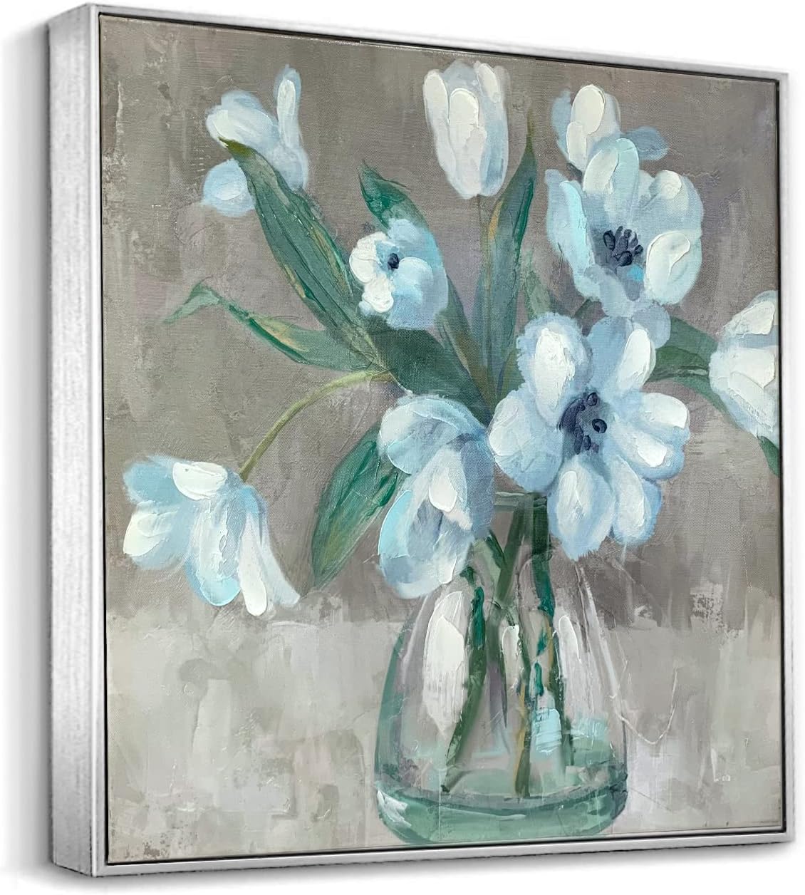 Paintings - Zessonic White Flowel Canvas Wall Art - White Lily Bouquets in Jar Artwork With Hand Texture For Bathroom, Bedroom, Dining Room, Living Room Decor