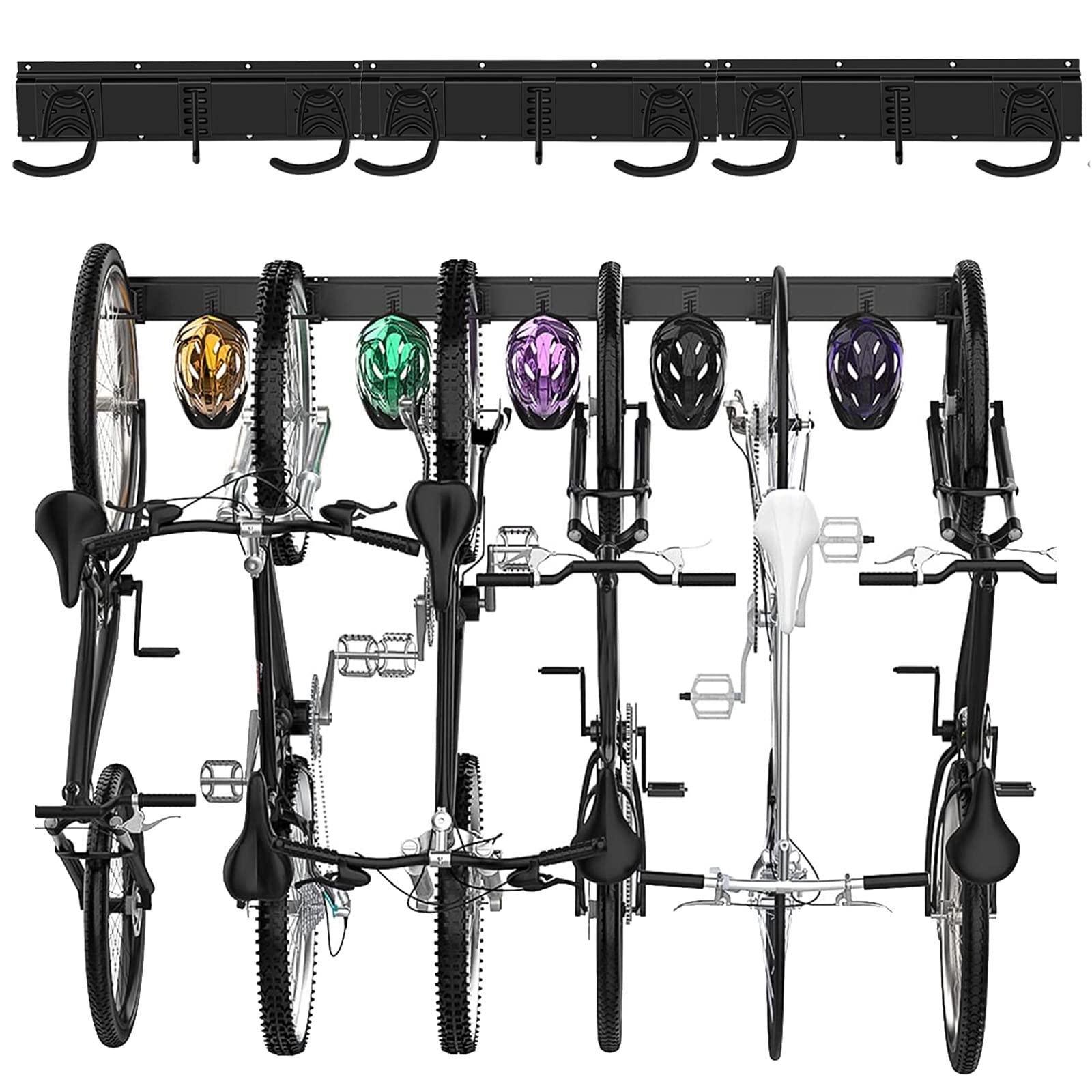 Poweka Bike Wall Rack, 48 Inch Heavy Duty 6 Bicycles Bike Wall Mount Garage Storage Organizer & 5 Helmet Hooks, Overall Hold Up to 650 LBS, Adjustable Indoor Bike Hanger Holder for Space Saving