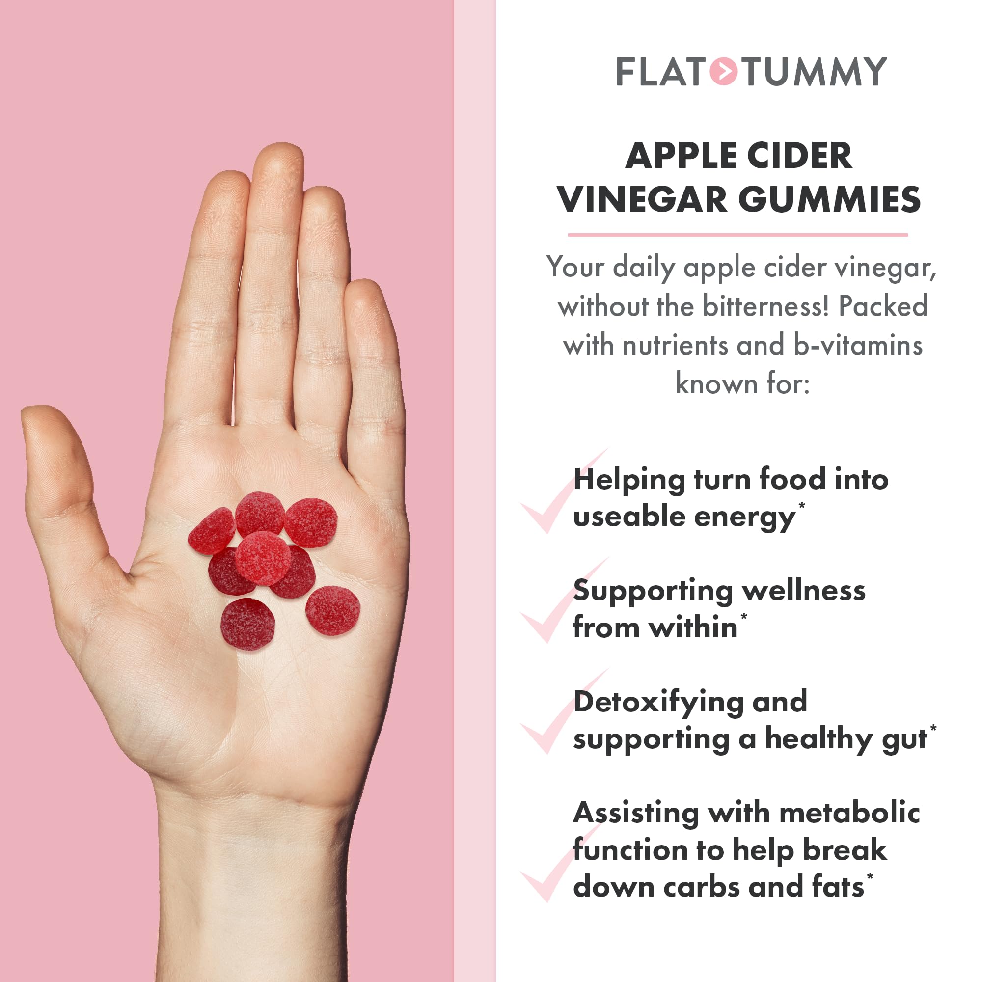 Flat Tummy Apple Cider Vinegar Gummies, 60 Count – ACV Gummies, Detox, Support Gut Health – Vegan-Friendly, Non-GMO - Beet and Pomegranate Superfood Powders, Vitamins B6, B9 & B12