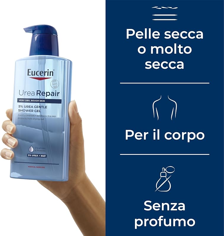 Urea Repair Gel Doccia Delicato 5% 400 ml, Detergente corpo idratante ed esfoliante, Docciaschiuma con 5% Urea per un sollievo immediato, Bagnoschiuma per pelle secca e molto secca