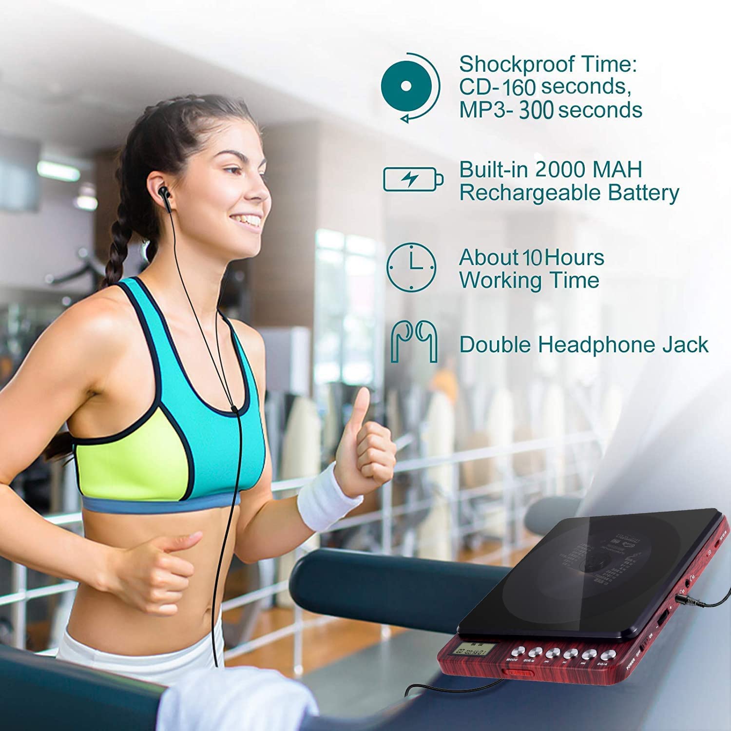 Portable CD Player with Speakers 2000mAh Rechargeable CD Player Portable with Double 3.5mm Headphones Jack,Small Anti-Shock Personal CD Player for Car Aux or Home Music Player