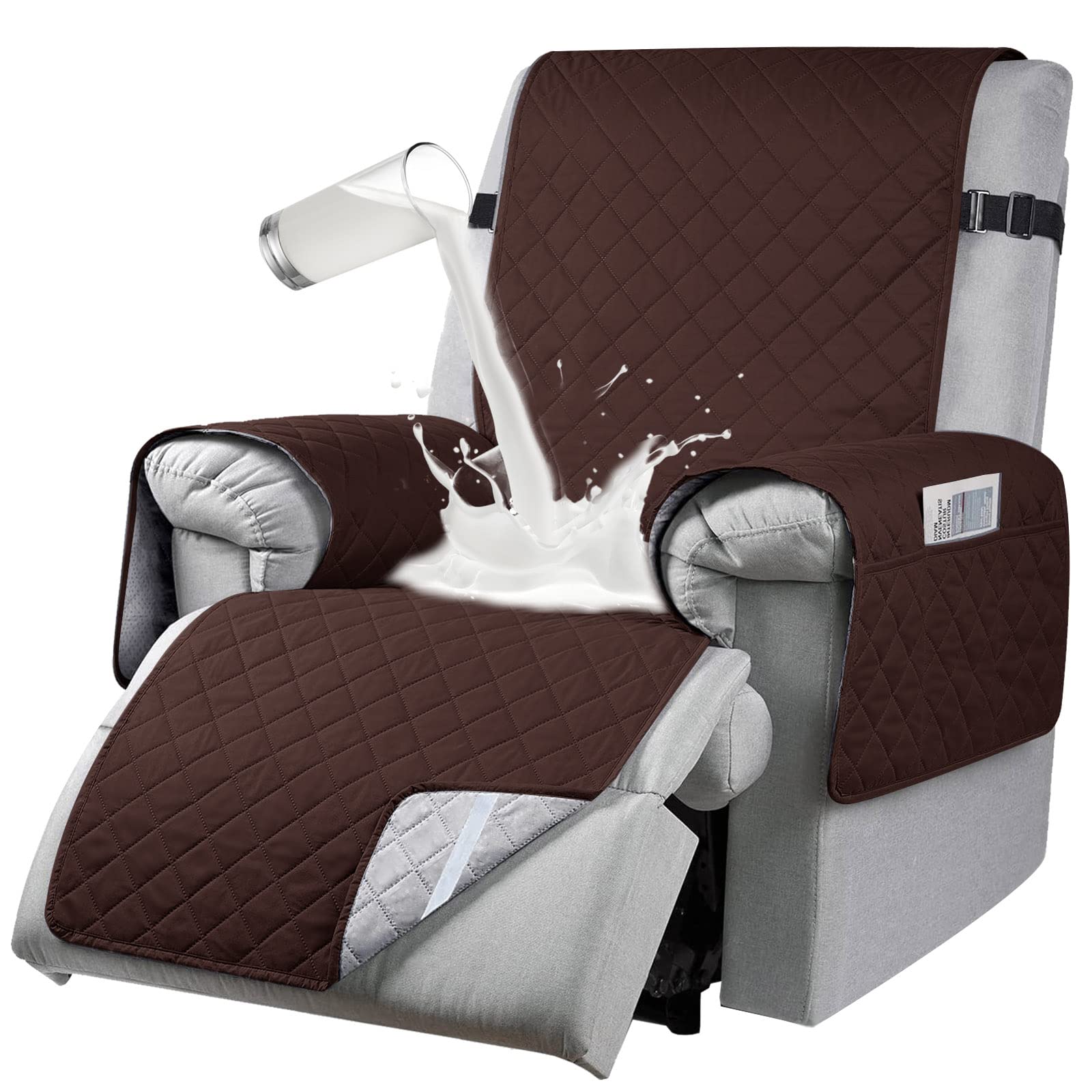 RAPRAP Recliner Sofa Cover with 6 Side Pockets, 1 Seats Chair Adjustable Tightening Straps, Slipcover for Armchairs, Protect Pets, Brown, (RAPRAP03)