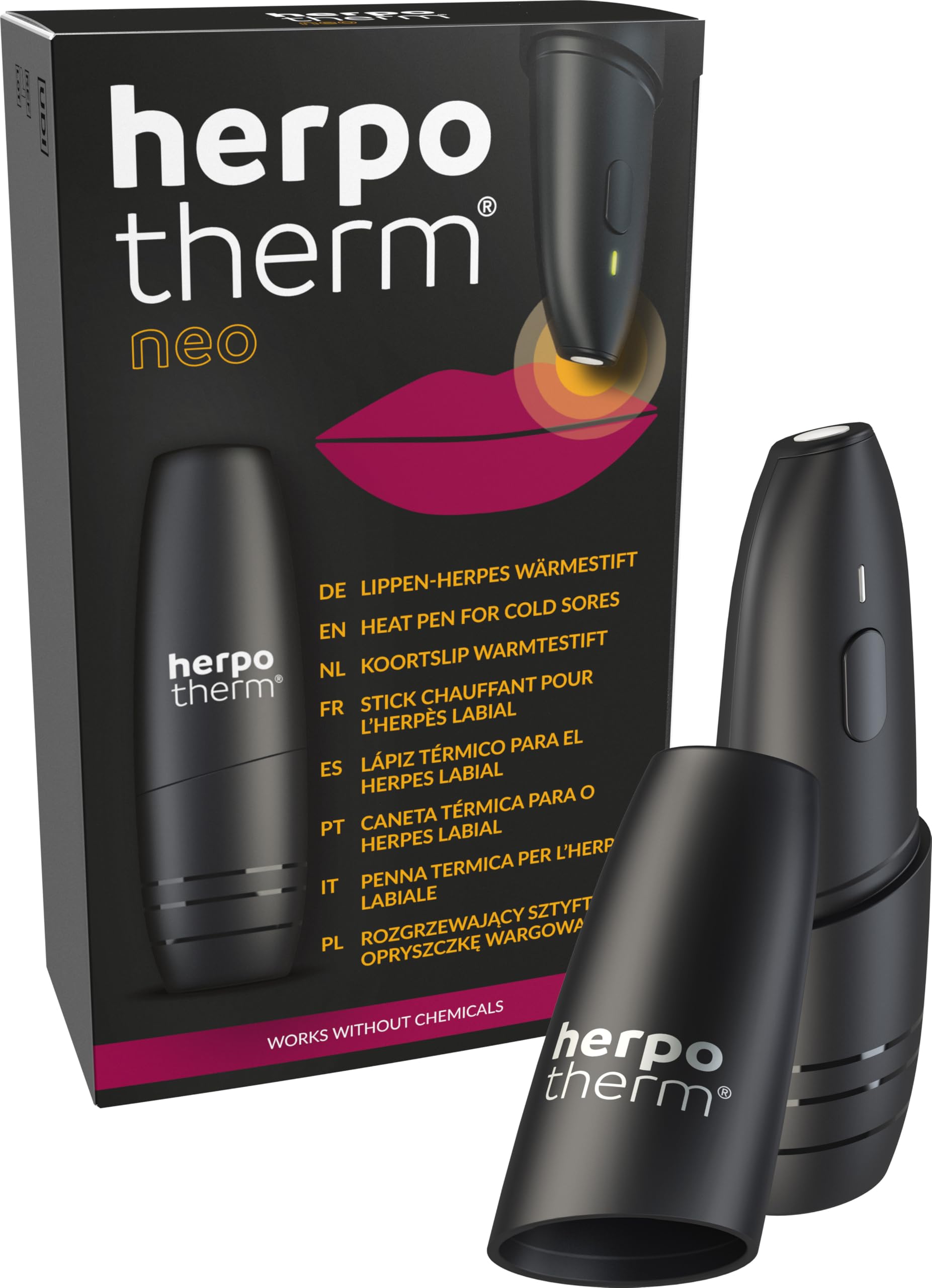 herpotherm neo bei Lippenherpes, wirkt mit konzentrierter Wärme, der original Herpesstift, schnelle Hilfe auf Knopfdruck, bis zu 200 Anwendungen mit einem Set Batterien möglich