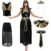 MCJC Egyptian Queen Costume, Black and Gold Goddess Dress, Women's Halloween Cleopatra Outfit with Collar, Belt and Headpiece