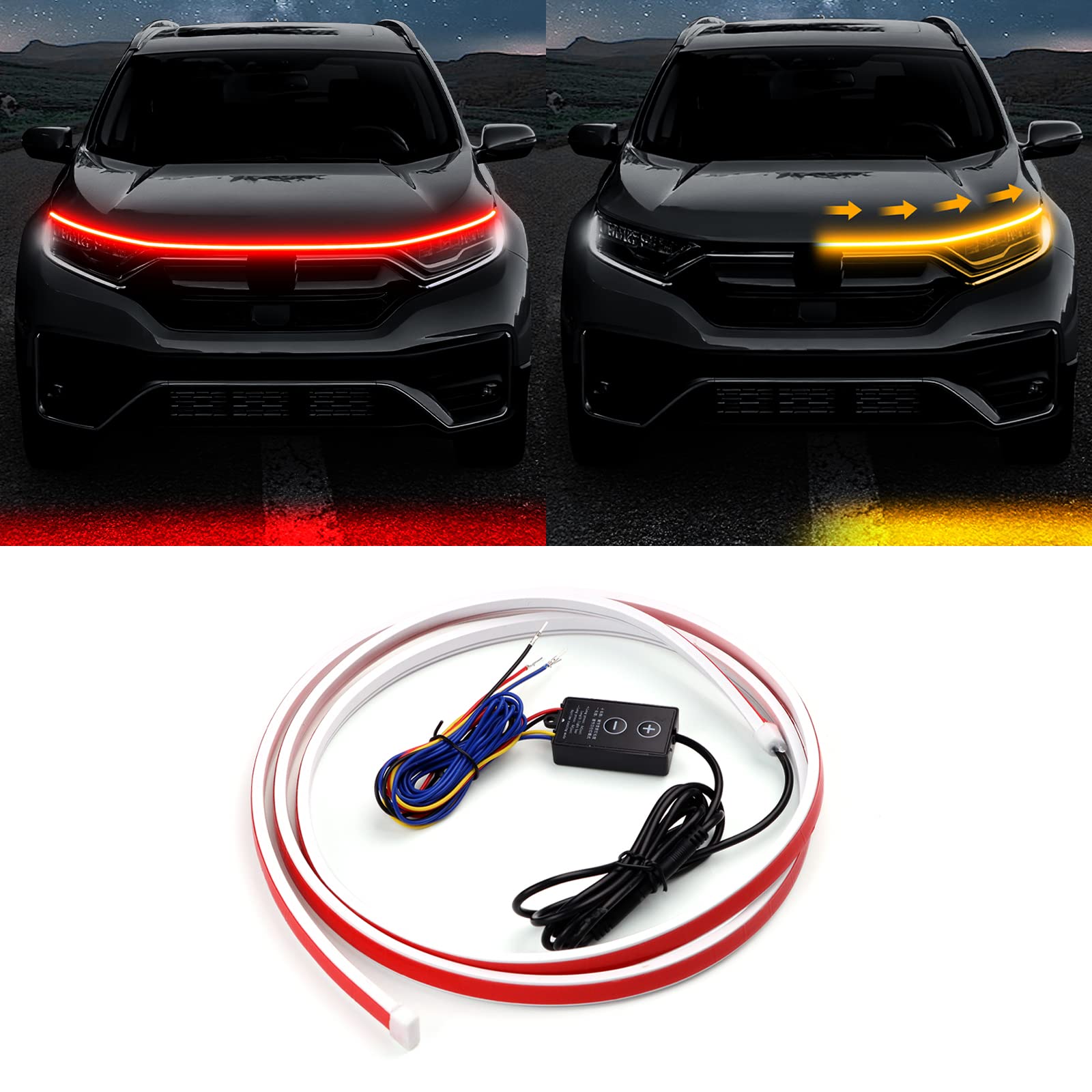 Photo 1 of JUPIZEUS Cuttable LED Car Under Hood Light Strip Automotive Engine LED Strips Turning Light Guide Decorative Waterproof IP66 Daytime Exterior Decoration Accessories DC 15V Red & Yellow 70.9in