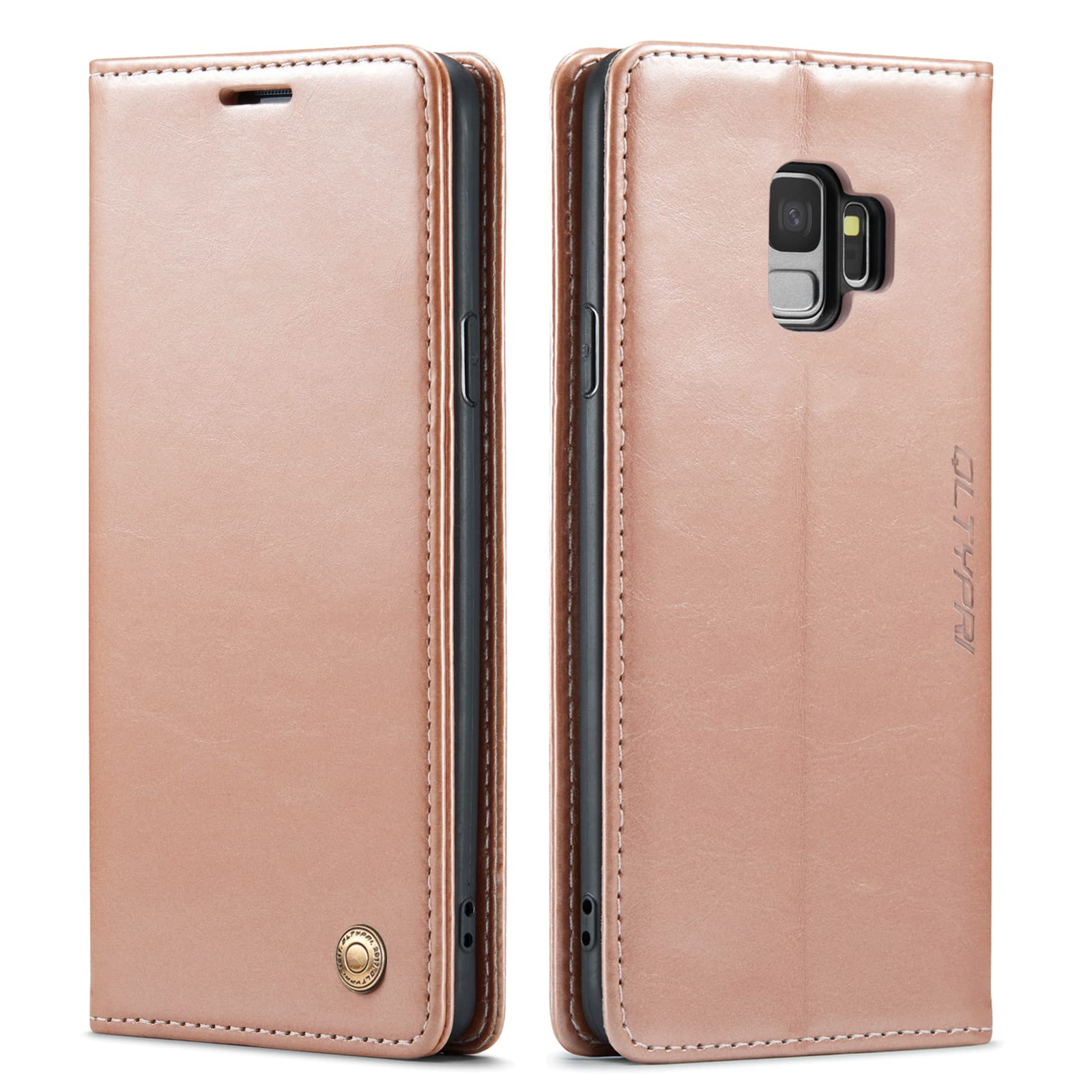 QLTYPRI Case for Samsung Galaxy S9, Vintage PU Leather Wallet Case Card Slot Kickstand Magnetic Closure Shockproof Flip Folio Case Cover for Samsung Galaxy S9 - Rose Gold