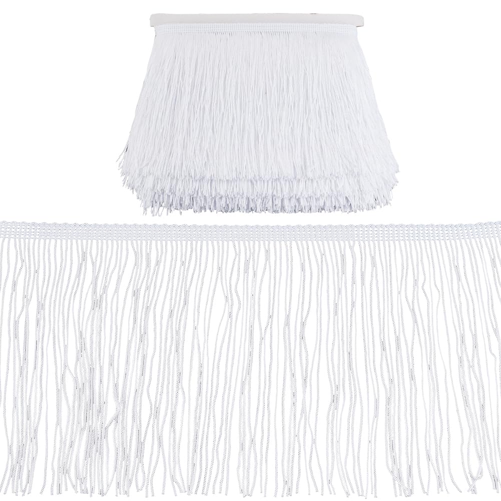 OLYCRAFT 10M Lace Tassel 16cm Wide Chainette Fringe Trim Ribbon White Fringe for Latin Dance Dress DIY Clothing Embellishment Lamp Shade and Pillow Decorations