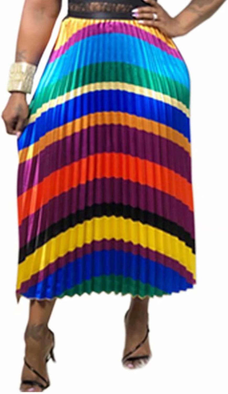ThusFar Women's Graffiti Pleated Skirts Cartoon Printed Elastic Waist A-Line Swing Midi Skirt: Clothing