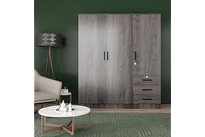 WOODPECKERS FURNITURE AND MATTRESS Violet Wardrobe Closet 3 Doors and 3 Drawers (Grey)