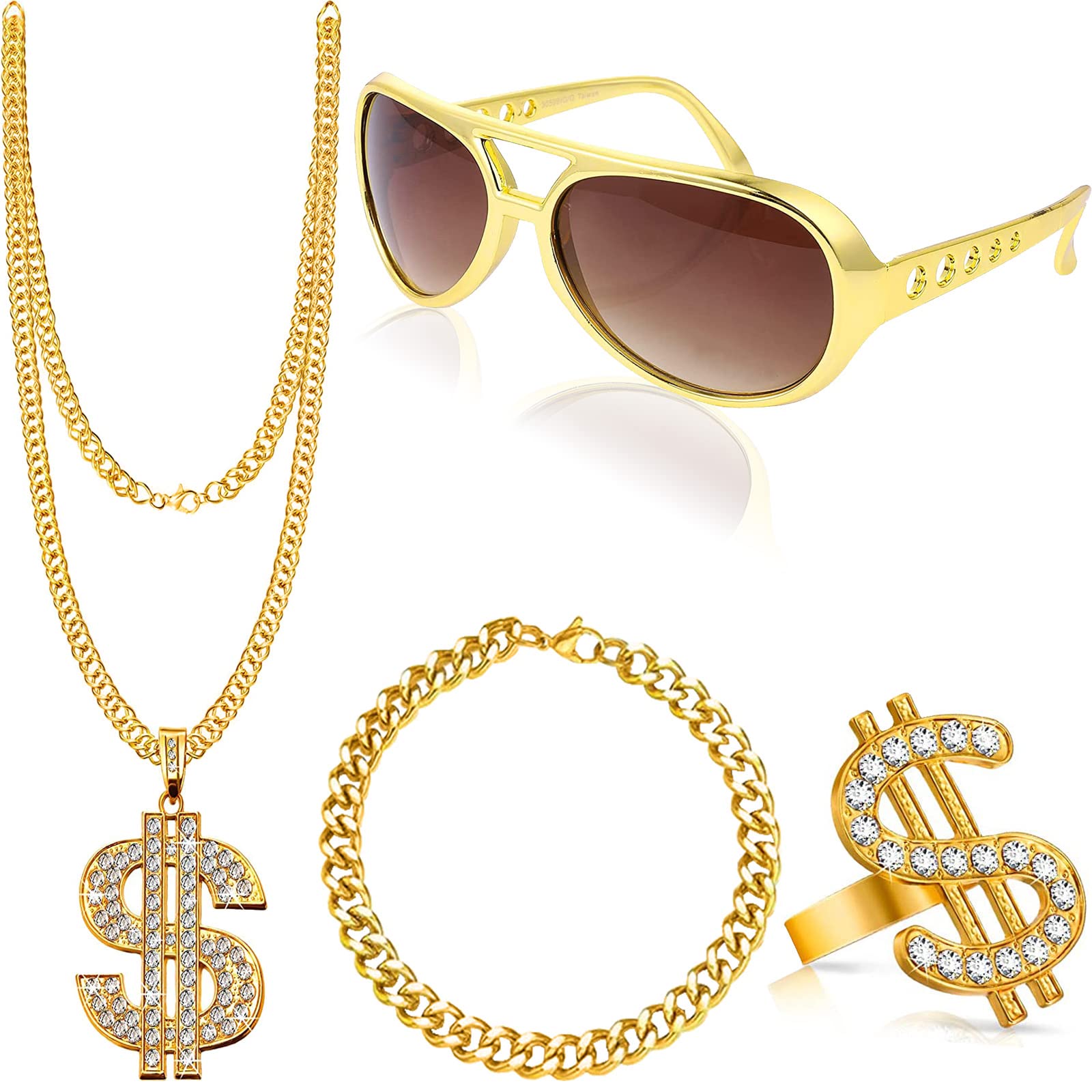 Alviller 4Pcs Hip Hop Costume Set, Hippy Accessories with Disco Dollar Sign Necklace Ring Retro Sunglasses Golden Bracelet Fancy Dress for Rapper Women Men Party Supplies