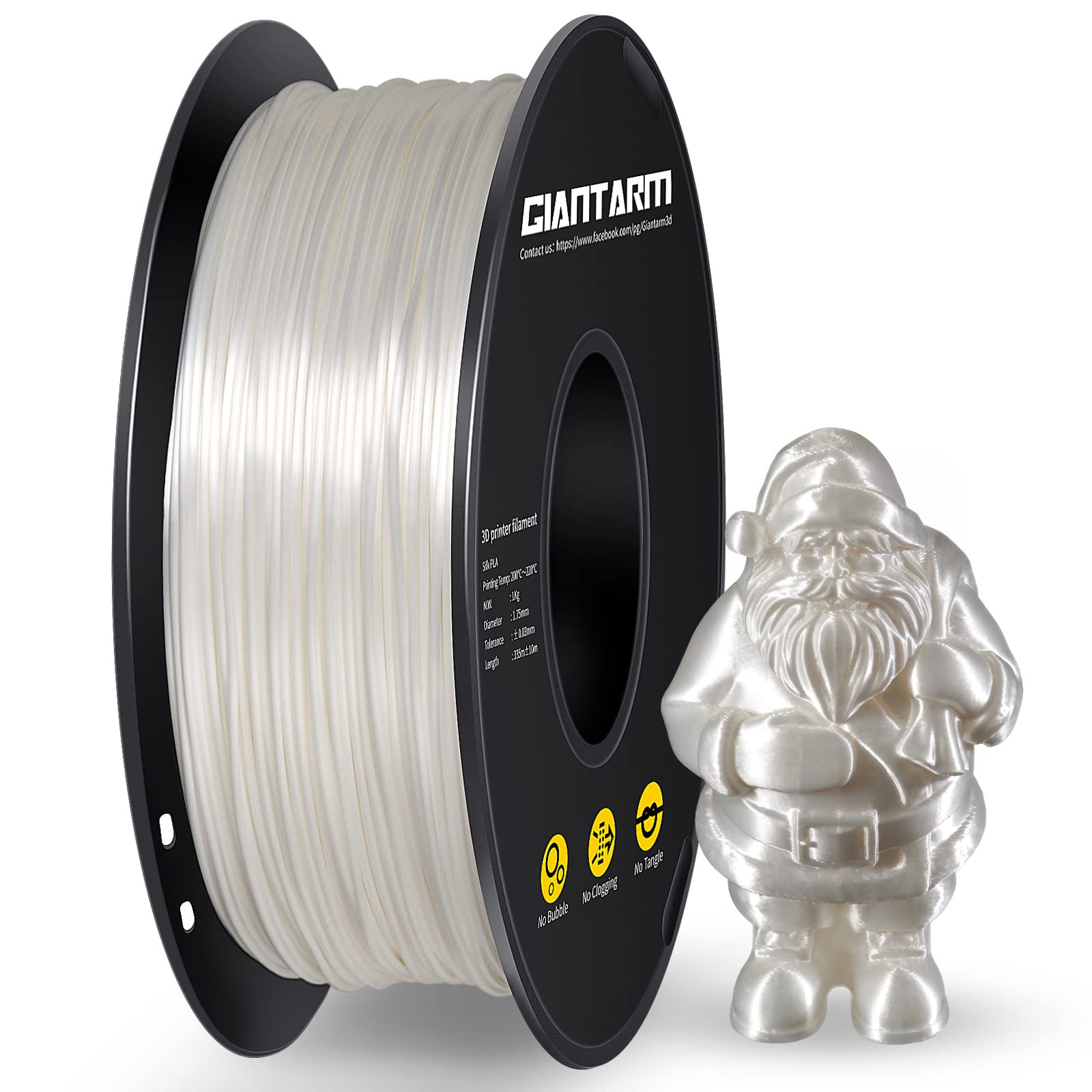 GIANTARM Filament PLA 1.75mm Silk White, 3D Printer PLA Filament 1kg Spool