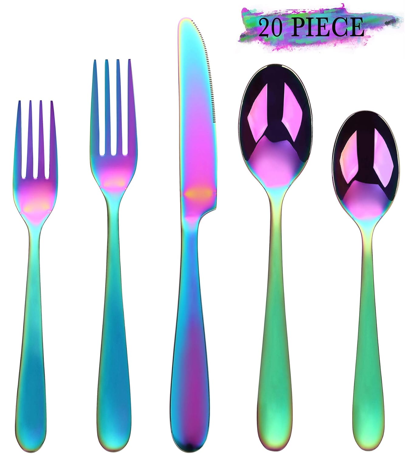 Rainbow Silverware Set, 20-Piece Flatware Cutlery Stainless Steel Utensil Set Include Knife/Fork/Spoon, Mirror Polished Set of Utensils Service for 4, Dishwasher Safe (Colorful Multicolor)