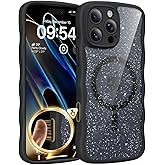 TAURI Magnetic for iPhone 16 Pro Case, Cute Wavy Design [Full Camera Protection] [Compatible with Magsafe] Anti-Slip Translucent Matte Case for iPhone 16 Pro for Women Girls, Glitter Black