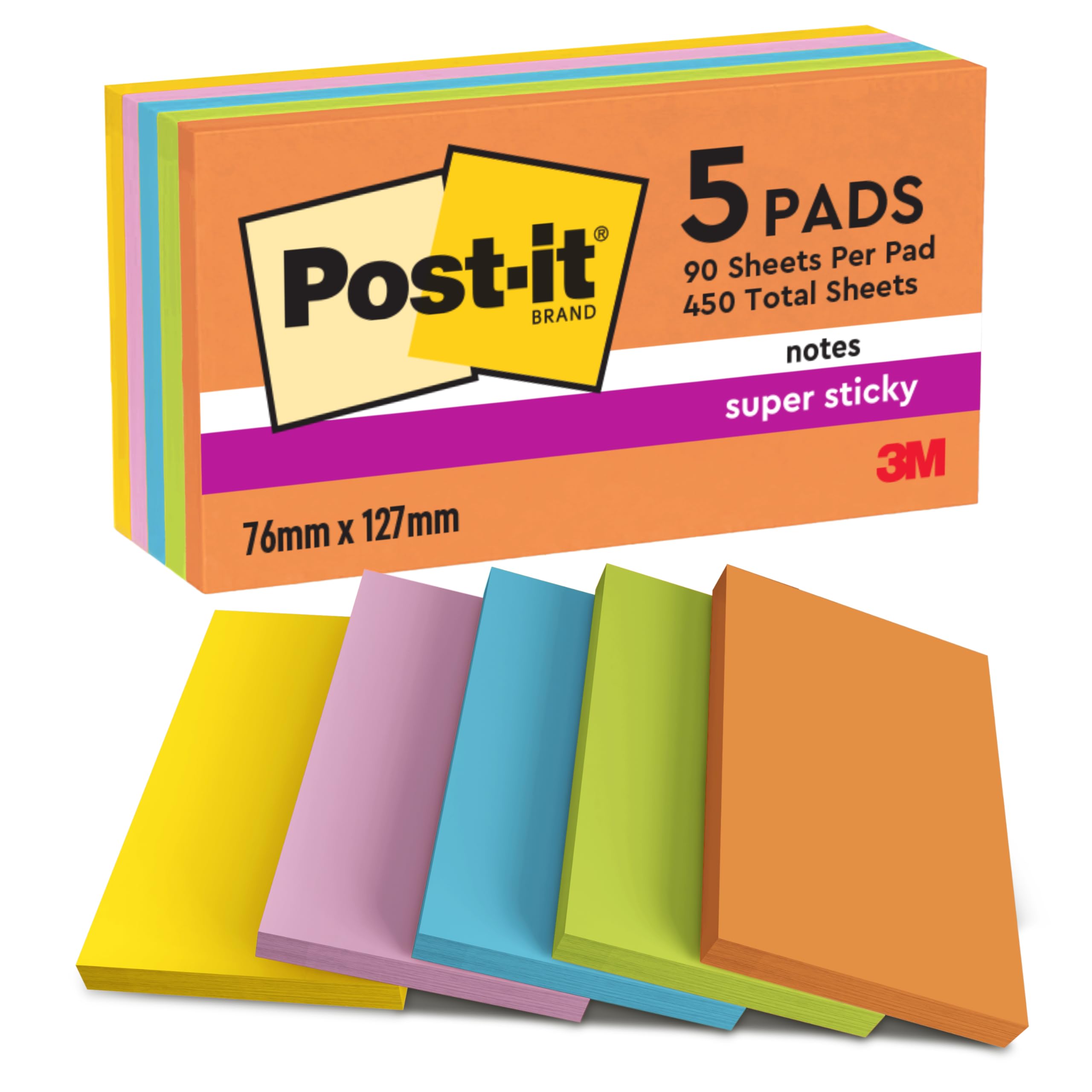 Post-it Super Sticky Notes, 450 Sheets, Pack of 5 Pads, 76 mm x 127 mm - Holds Strong to Many Surfaces - Bright Colours - for Walls, Monitors and Fridge, Recycable