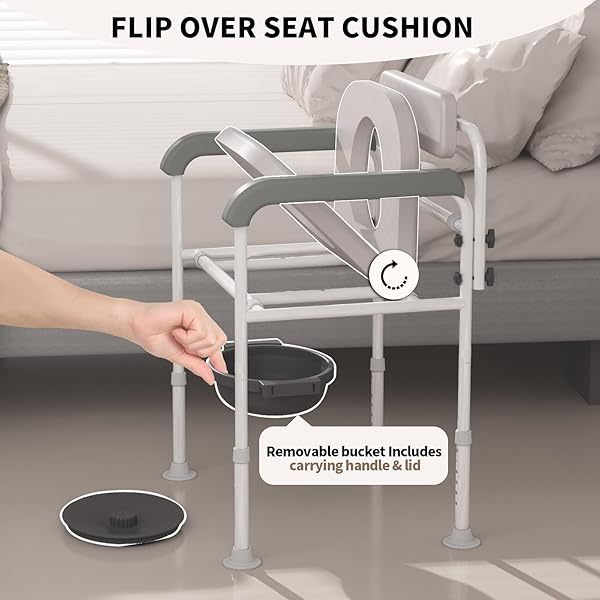 ADJUSTABLE MEDICAL BEDSIDE COMMODE CHAIR WITH PADDED BACKREST, DROP ARM SUPPORT, HEIGHT ADJUSTABLE GREY