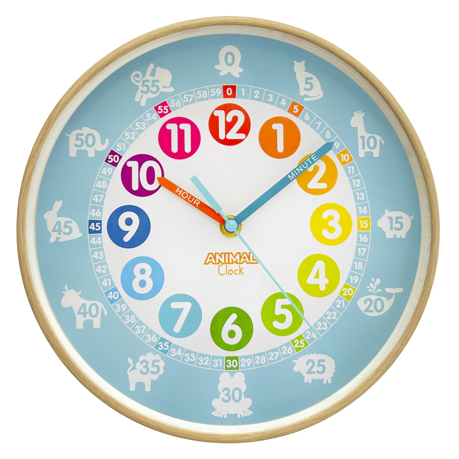 Animal Preschool Clock - Time Teacher 10 Inch Educational Silent Wall Clock with Wood Look Frame - Easy to Read Dial for Teacher's Classrooms, Preschooler's Bedroom & Children Playroom