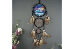 Triple Circles Wolf Eagle Bear Canvas Printing Dream Catcher Bedroom Wall Decor, Christmas Home Decoration,Widelife Wall Decoration Feather Decoration Remorlet (Unicorn W/Rainbow)