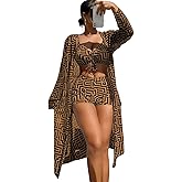 WDIRARA Women's 3 Pieces Bikini Set Geo Print Bathing Suit Drawstring Swimsuit with Cover Ups Kimono