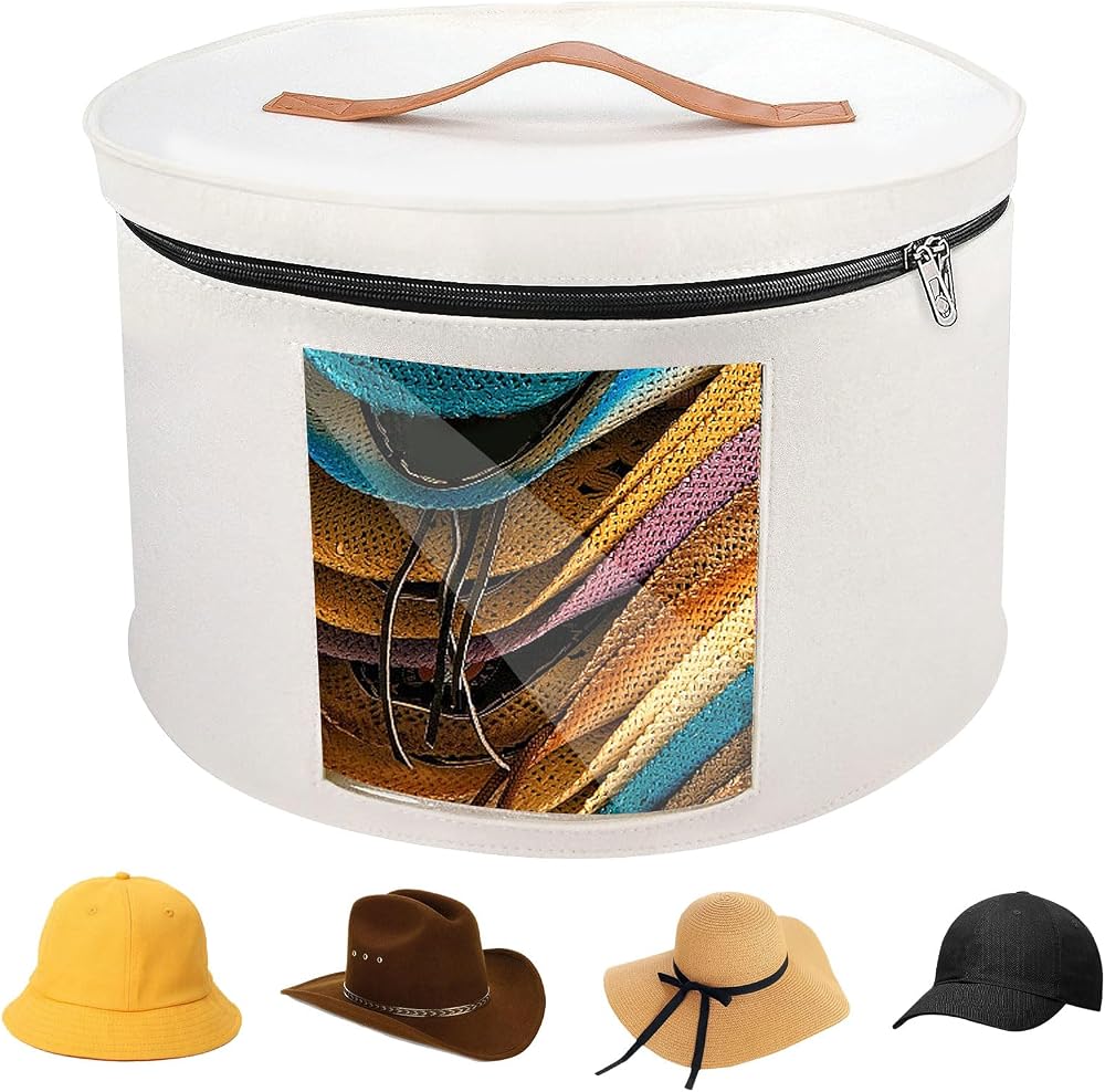 Les-Theresa White Felt Hat Storage Box 15.7"x9.8" Round Foldable Hat Carrier