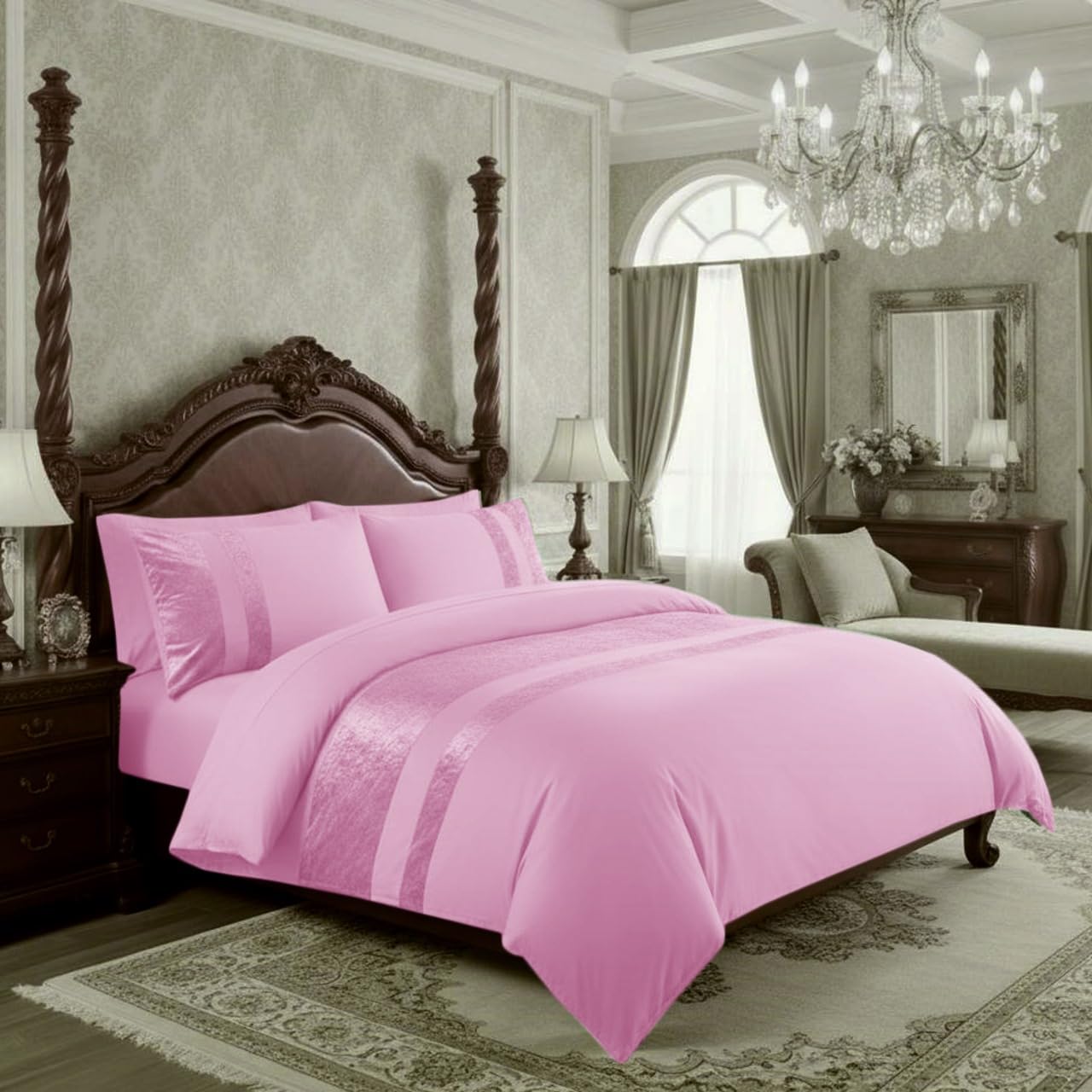 Casabella Luxury Crushed Velvet Panel Band Duvet Cover Sets with Pillow Case Double Duvet Cover Bedding Set – Pink Crush Velvet Double Duvet Cover Sets — image 1