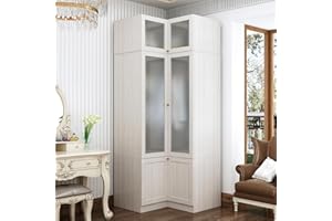 MOUMON Corner Wardrobe Closet with 2 Glass Doors, Armoire Wardrobe Closet with Hanging Rod, Top Cube Storage, for Bedroom Wood Grain (16.3+19.1)”W x (19.1+16.3)”D x 86.6”H