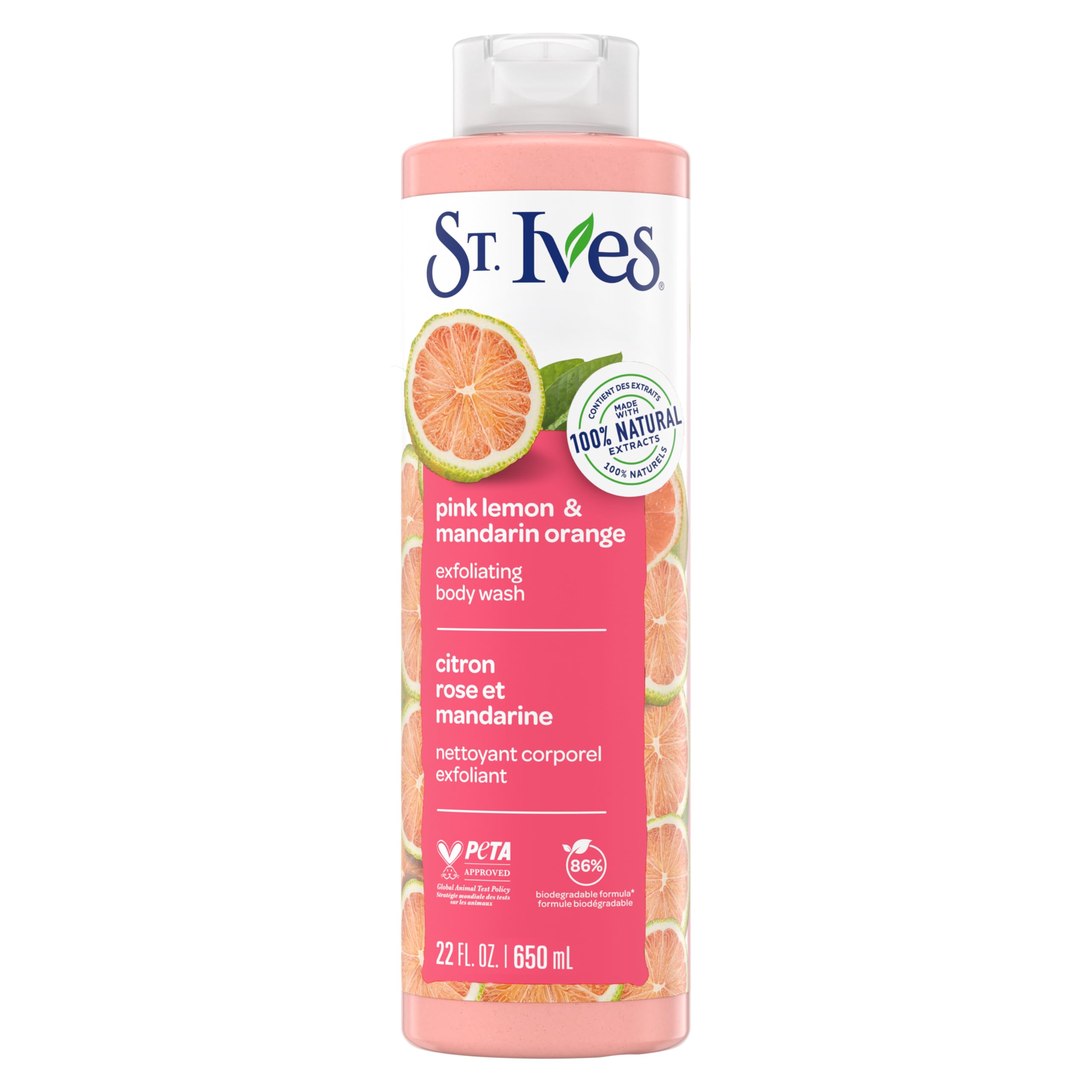 St. Ives Radiant Skin Exfoliating Shower Gel (650ml) Pink Lemon and Mandarin Orange Made with Plant-Based Cleansers & 100% Natural Extracts 16 oz Body Wash